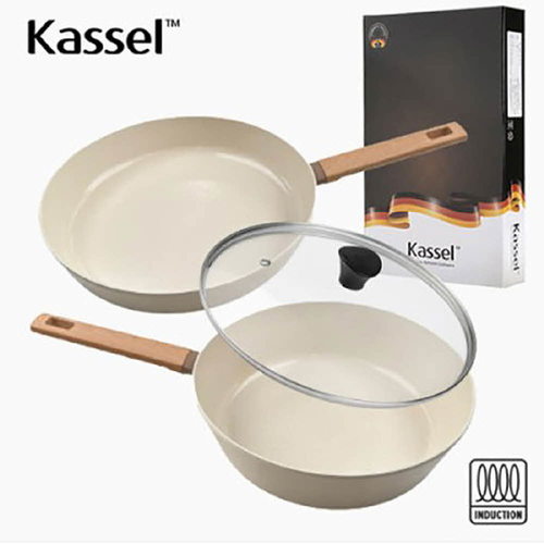 Kassel 카셀 인덕션 스톤 크림 세라믹 코팅 후라이팬 3종 A세트(28후,28궁,28뚜껑)