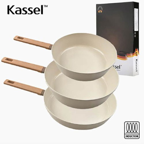 Kassel 카셀 인덕션 스톤 크림 세라믹 코팅 후라이팬 3종 D세트(28후,28궁,24궁)