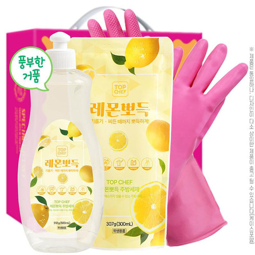 [탑셰프] 레몬뽀득주방세제512용기 307리필 고무장갑32cm(3종)