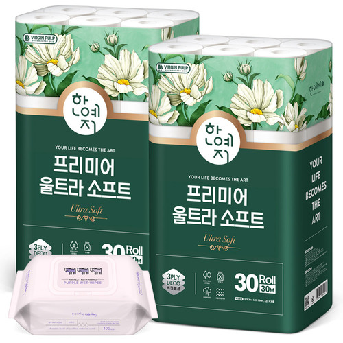 한예지 울트라소프트 30M 30롤 (2팩))+키스해링 퍼플 캡형 물티슈 100매 1팩