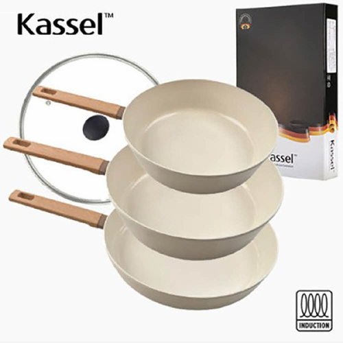 Kassel 카셀 인덕션 스톤 크림 세라믹 코팅 후라이팬 4종세트(28후,28궁,24궁,28뚜껑)