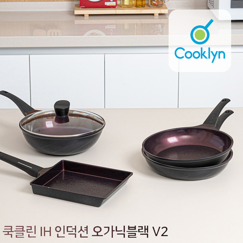 쿡클린 IH 인덕션 오가닉블랙 v2 5종세트-B v2-4S05G (24cm계란말이팬+28cm후라이팬 x 2+28cm궁중팬+28cm유리뚜껑)