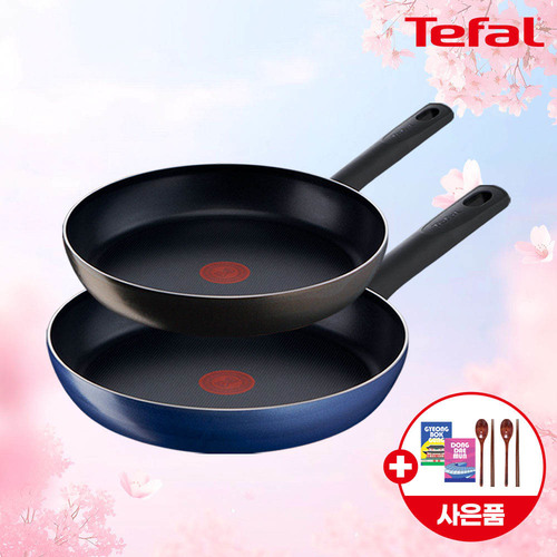★봄봄선물페스타★ [테팔] 초코브라우니 프라이팬 24cm+G6 드레스 블루 프라이팬 28cm+(증정) 셀룰로오스 코팅팬 전용 스펀지(수세미) 2P+옻칠 나무수저 커플세트