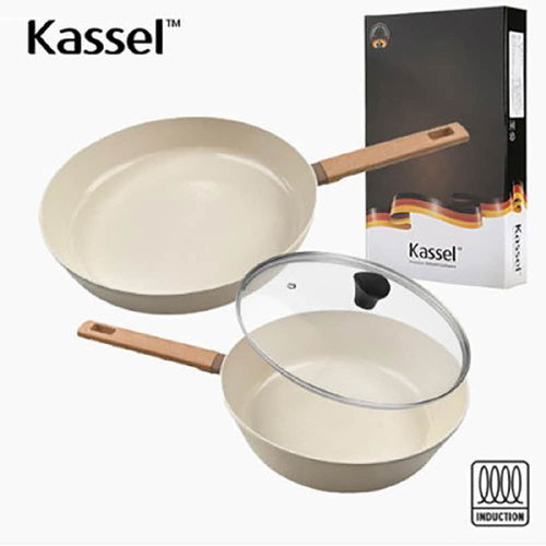 Kassel 카셀 인덕션 스톤 크림 세라믹 코팅 후라이팬 3종 C세트(28후,24궁,24뚜껑)