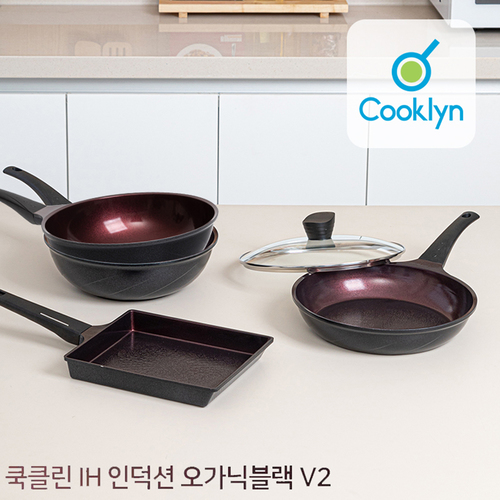 쿡클린 IH 인덕션 오가닉블랙 v2 5종세트-A v2-3S05G (24cm계란말이팬+28cm후라이팬+28cm궁중팬 x 2+28cm유리뚜껑)