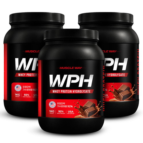 머슬웨이 WPH 92% 초코맛 가수분해유청단백질 프로틴 보충제 1kg 3개