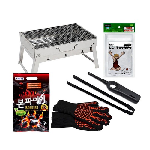 카엔 캠핑 바베큐 세트 KSS3007 스테인리스 화로대 대형+숯집게+착화제12알입 1봉+롱라이터+화염장갑+바베큐용 숯 2kg