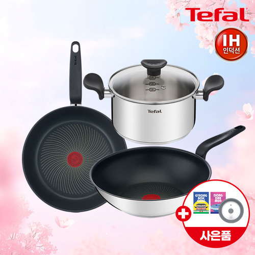★봄봄선물페스타★ [테팔] 인덕션 프리즘 프라이팬&냄비 3P 세트(팬28cm+웍28cm+양수20cm)+(증정) 셀룰로오스 코팅팬 전용 스펀지(수세미) 2P+실리콘 멀티뚜껑S