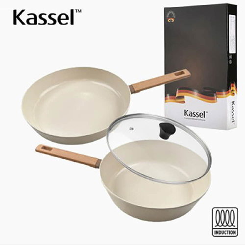Kassel 카셀 인덕션 스톤 크림 세라믹 코팅 후라이팬 3종 B세트(24후,24궁,24뚜껑)